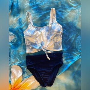 Longline Bikini Set in Blue and White Tie-Dye Design